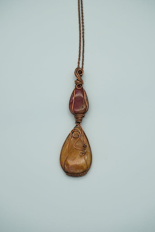 Rhodonite and Hematite Quartz Copper Wire Wrapped Double Pendant
