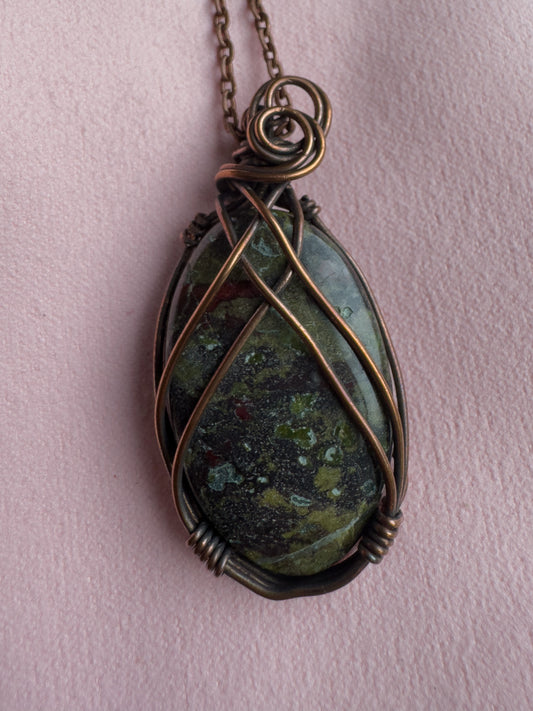 Dragon Blood Stone Copper Wire Wrapped Pendant