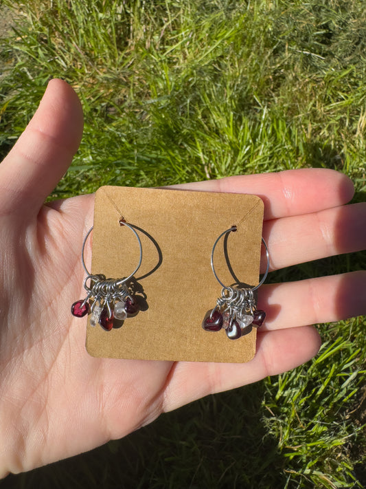 Garnet & Clear Quartz Stainless Steel Hoop Earrings