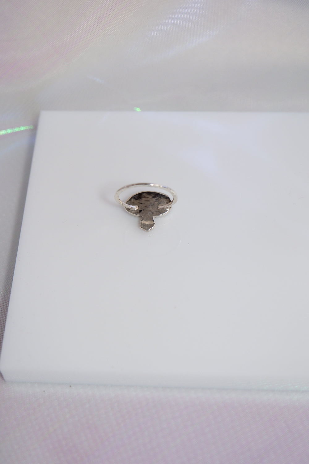 Silver ring on a white box with a light gray background