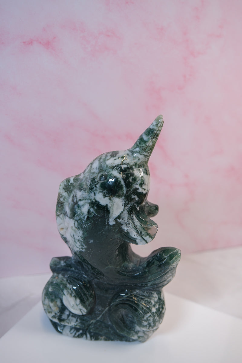 Moss Agate Narwhal Carving - themoonclub.shop