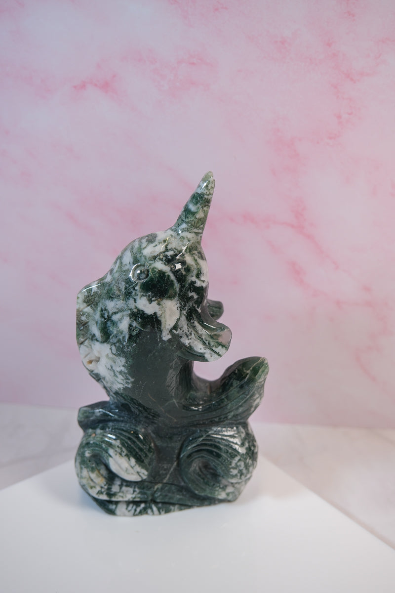 Moss Agate Narwhal Carving - themoonclub.shop