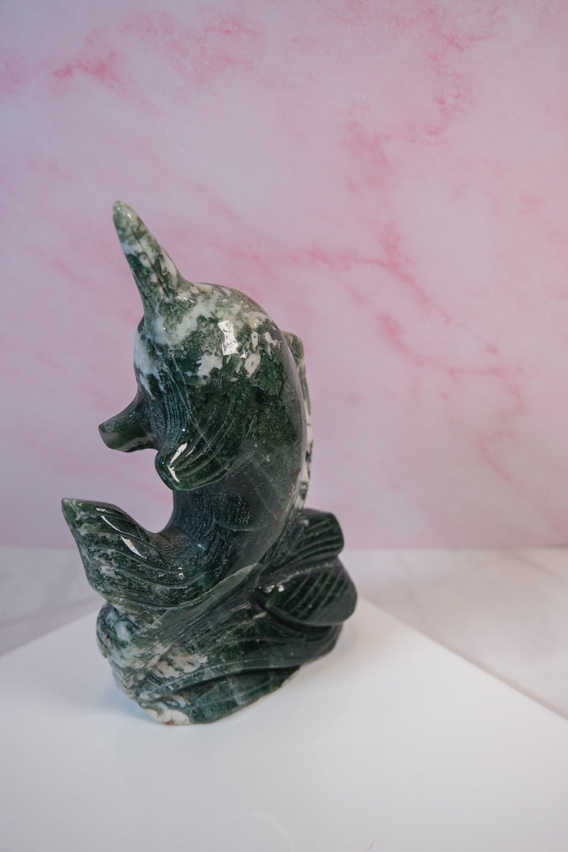 Moss Agate Narwhal Carving - themoonclub.shop