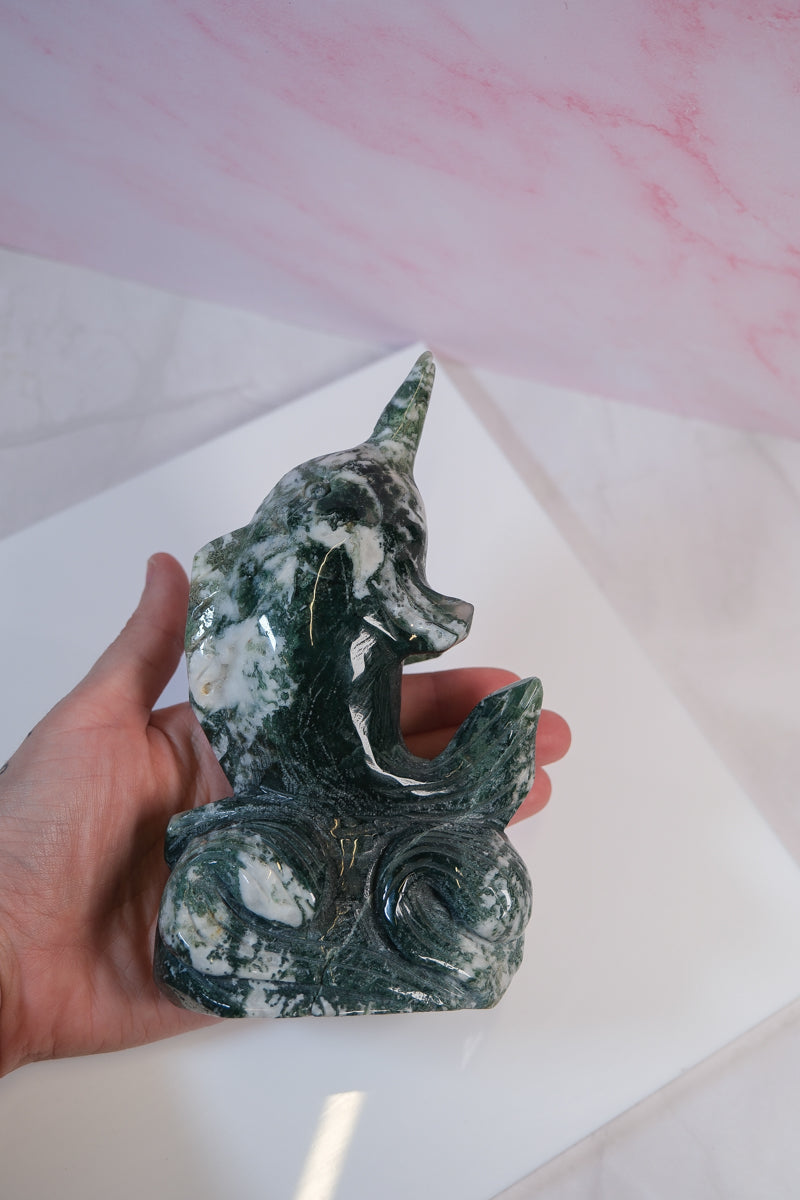 Moss Agate Narwhal Carving - themoonclub.shop