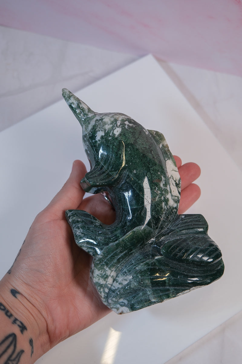 Moss Agate Narwhal Carving - themoonclub.shop