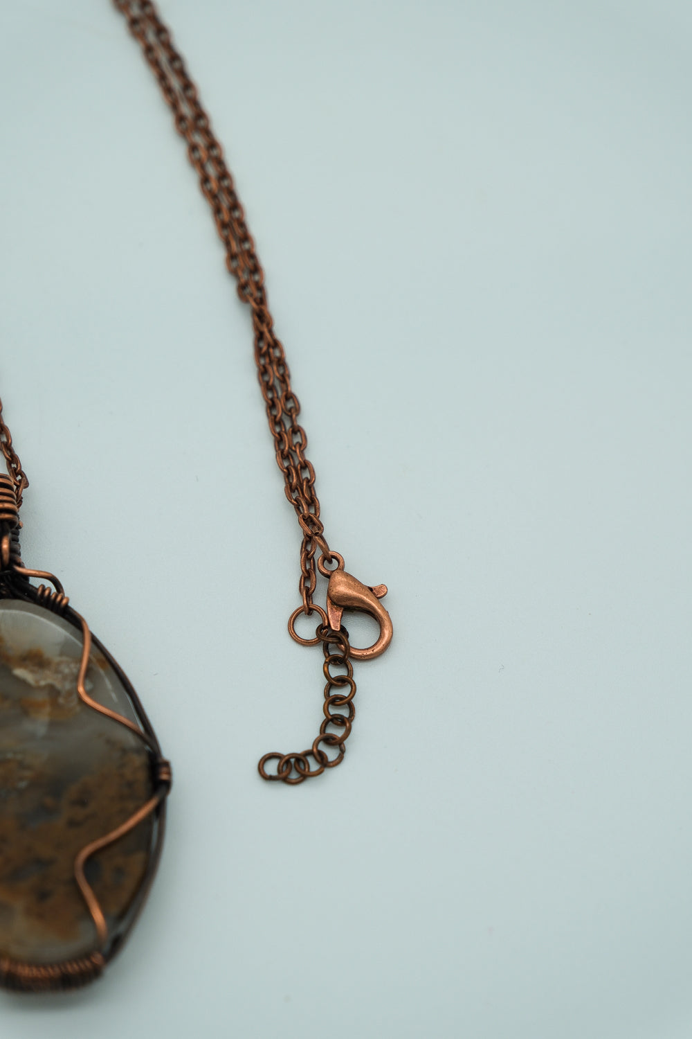 Necklace with a brown pendant on a light blue background